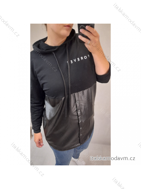 Mikina oversize balvněná dlouhý rukáv s kapucí dámská koženka (XL/2XL ONE SIZE) ITALSKÁ MÓDA IMW21047/DR Černá xl/2xl one size