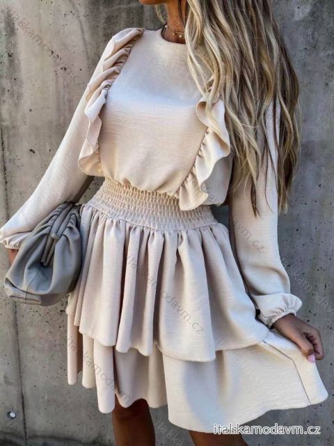 Šaty elegantní dlouhý rukáv s volánky dámské (UNI S/L) ITALSKÁ MÓDA IMY20197 S/L one size biela