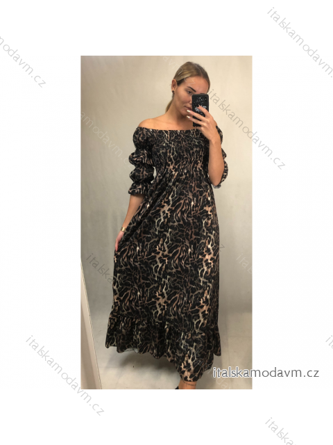 Šaty dlouhé letní žabičkované carmen přes ramena dámské leopard (S/M ONE SIZE) ITALSKÁ MÓDA IMWA216172-2/DR hnědá S/M