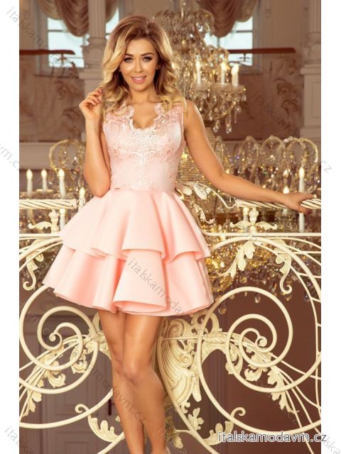 207-3 ALEXIS - Exkluzívne šaty s čipkovým výstrihom - pastelovo ružové