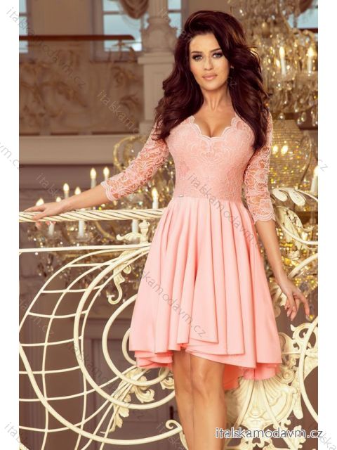 210-7 NICOLLE - šaty s delším hřbetem s krajkovým výstřihem - pastelově růžové
 NMC-210-7