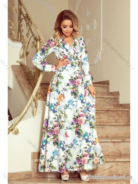 245-1 Dlhé šaty s ozdobou a štiepením - farebné ruže a modré vtáky
 NMC-245-1
