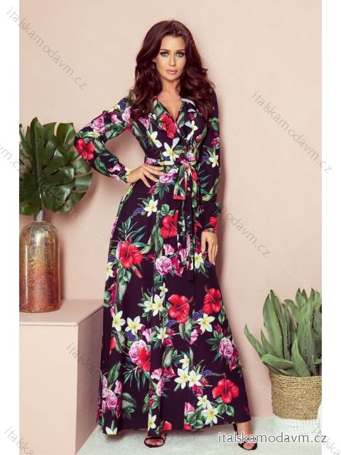 245-3 Long dress with Frill and cleavage - red flowers
 NMC-245-3