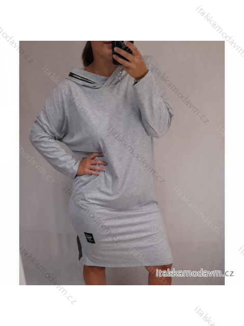 Šaty dlouhý rukáv s kapucí dámské (2xl/3xl ONE SIZE) ITALSKÁ MODA IM421588/DR Šedá 2XL/3XL ONE SIZE
