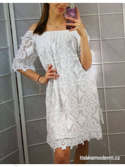 Šaty carmen krajkové bavlněné oversize krátký rukáv dámské nadrozměr (XL/2XL ONE SIZE) ITALSKÁ MÓDA IMD22161 biela XL/2XL