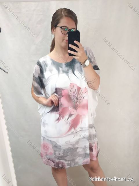 Šaty letné šifónové voľnočasové krátky rukáv dámska nadrozmer viskoza (L/XL/2XL ONE SIZE) TALIANSKA MÓDA IMN22ROSE