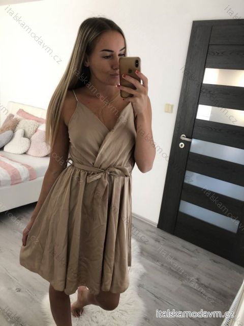 Šaty na ramienka letné saténové dámske (S/M ONE SIZE) TALIANSKA MÓDA IMM22Q52389/DR S/M béžová