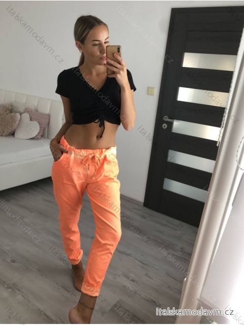 Kalhoty strečové dlouhé dámské (S/M/L ONE SIZE) ITALSKá MóDA IMB22080/DR NEON ORANŽOVÁ M/L