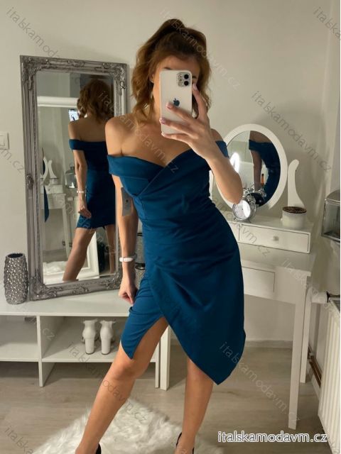 Šaty elegantní carmen krátké bez rukávu dámské (S/M ONE SIZE) ITALSKá MóDA IM322308/DR petrolejová S/M