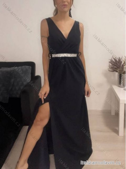 Šaty dlhé na ramienka spoločenské elegantné plesové s opaskom dámske (S/M ONE SIZE) TALIANSKA MÓDA IMM22Q52228/DR čierna