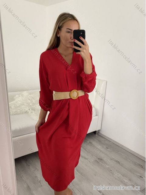 Šaty s páskem 3/4 rukáv dámské (M/L/XL ONE SIZE) ITALSKá MóDA IM422BELT/DR M/L Červené