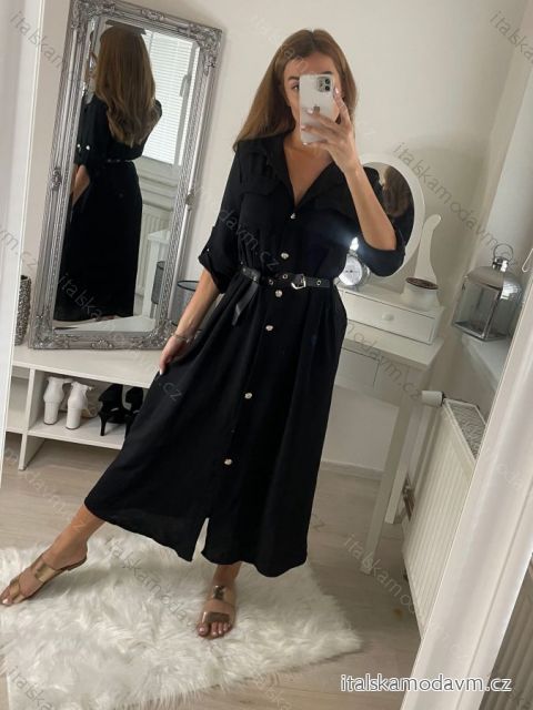 Šaty košeľové s opaskom dlhý rukáv dámske (S/M ONE SIZE) TALIANSKA MÓDA IMPBB22E9511/DR čierna S/M