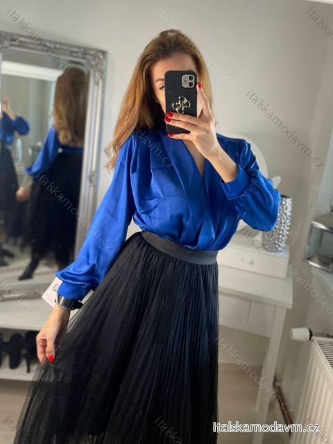 Body alá blúzka elegantný saténové  dlhý rukáv dámske (S/M ONE SIZE) TALIANSKA MÓDA IMM22LS17519/DR <p>modrá kráľovská</p> S/M