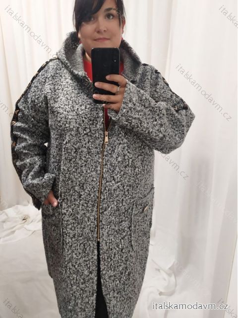 Kabát beránkový s kapucí dlouhý rukáv dámský nadrozměr (XL/2XL ONE SIZE) ITALSKÁ MÓDA IMBM22008 Šedá XL/2XL
