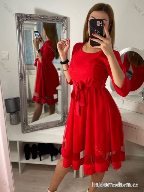 Šaty elegantné spoločenské dlhý rukáv dámske (S/M ONE SIZE) TALIANSKA MóDA IM322282 červená S/M