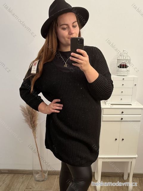 Šaty pletené alá sveter predĺžený dlhý rukáv dámske nadrozměr (3XL/4XL ONE SIZE) TALIANSKÁ MÓDA IM4212669 čierna