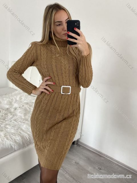 Šaty pletené s rolákom dlhý rukáv dámske (S/M ONE SIZE) TALIANSKA MÓDA IMWAA223600/DR S/M hnedá