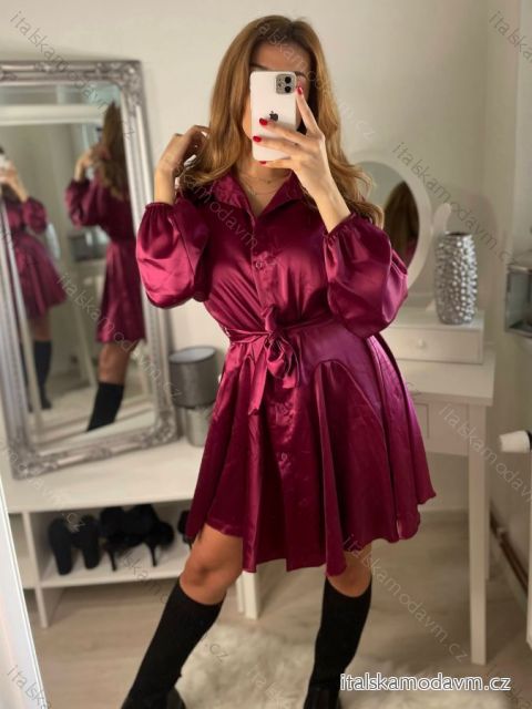 Šaty krátké košilové saténové dlouhý rukáv dámské (S/M ONE SIZE) ITALSKÁ MÓDA IMM22LS25366/DR fialová S/M
