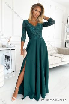 309-5 AMBER elegantné krajkové dlhé šaty s výstrihom - zelené