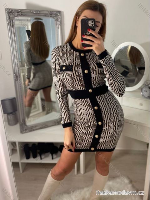 Šaty úpletové dlhý rukáv dámske (S/M, L/XL ONE SIZE) TALIANSKA MODA IMBM22473 béžovo-čierna béžová L / XL