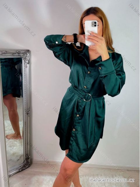 Šaty saténové košeľové s opaskom dlhý rukáv dámske (S/M ONE SIZE) TALIANSKA MÓDA IMWD223001/DR S/M smaragdová