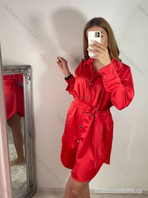 Šaty saténové košeľové s opaskom dlhý rukáv dámske (S/M ONE SIZE) TALIANSKA MÓDA IMWD223001/DR S/M červená
