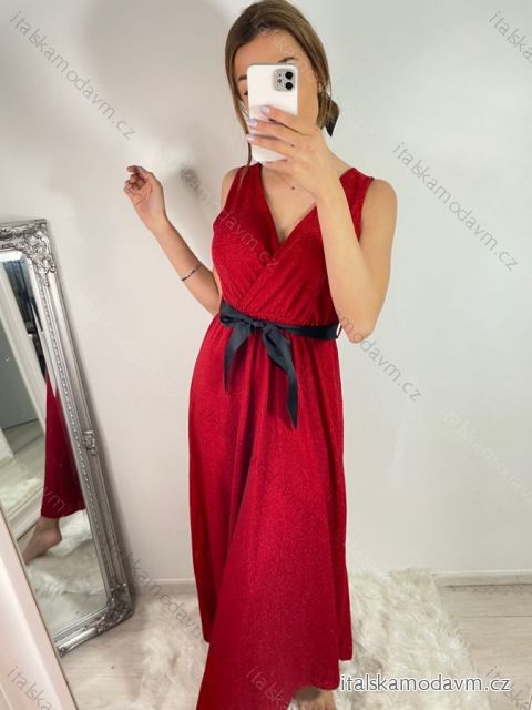 Šaty dlhé elegantné trblietavé s opaskom bez rukávu dámske (S/M ONE SIZE) TALIANSKA MóDA IMM22hg3754/DR S/M červená