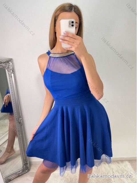 Šaty elegantní krátké bez rukávu společenské dámské (S/M ONE SIZE) ITALSKÁ MÓDA IMM22Q52233/UL S/M královská modrá