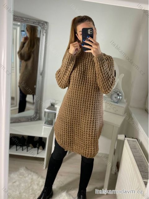 Šaty pletené s rolákem dlouhý rukáv dámské (S/M ONE SIZE) ITALSKÁ MÓDA IM4227200/DR S/M hnědá