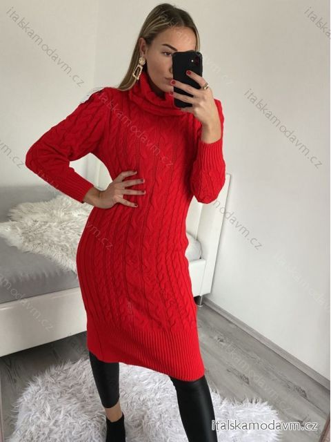 Šaty dlhé pletené s rolákom dlhý rukáv dámske (S/M ONE SIZE) TALIANSKA MÓDA IMWB22341/DR červená S/M