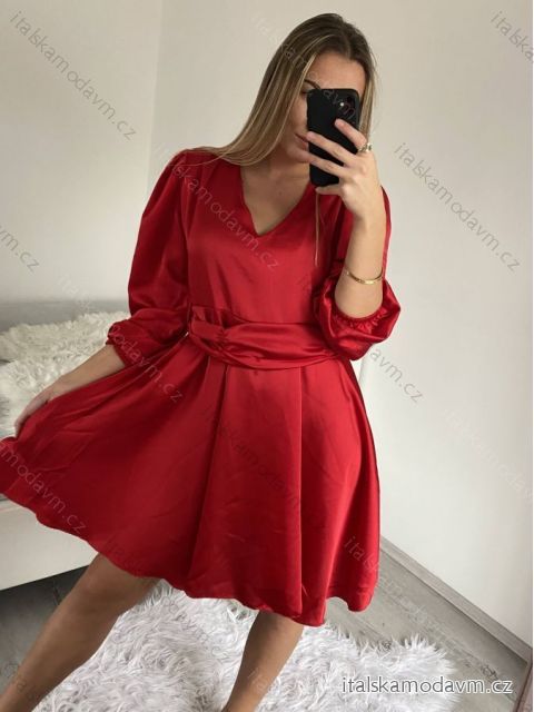 Šaty elegantné saténové dlhý rukáv dámske (S/M/L ONE SIZE) TALIANSKA MÓDA IMWB224072/DR M / L červená