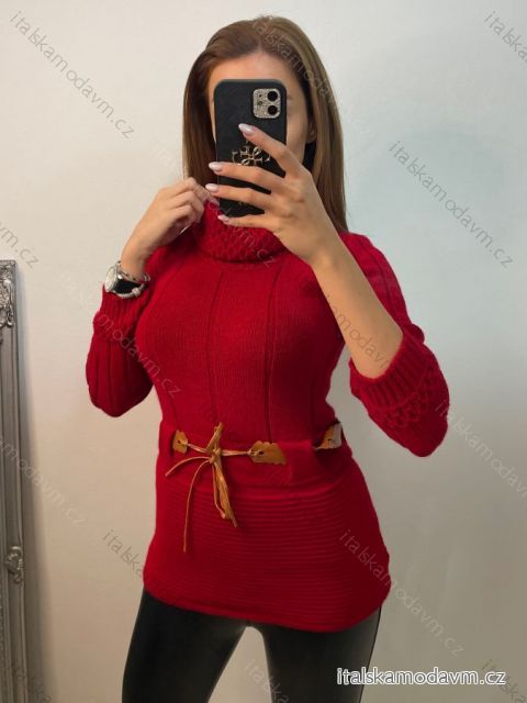 Svetr pletený prodloužený s rolákem a páskem dlouhý rukáv dámský (S/M ONE SIZE) ITALSKÁ MÓDA IM4222225/DU S/M tmavě červená