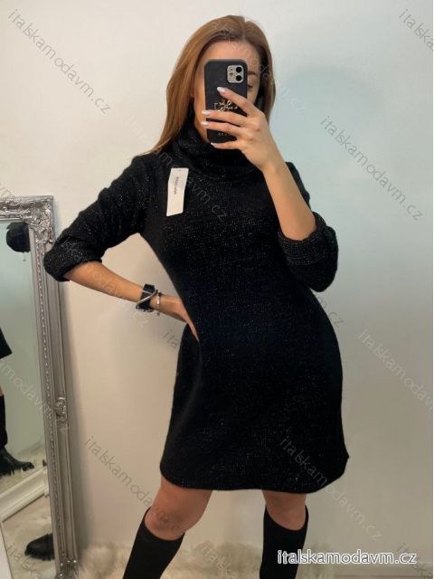 Šaty úpletové třpytivé s rolákem dlouhý rukáv dámské (S/M/L ONE SIZE) ITALSKÁ MÓDA IM4221213/DU M/L Černá