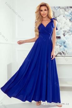 405-2 ELENA Dlhé šaty s výstrihom a zaväzovaním na pleciach - modré