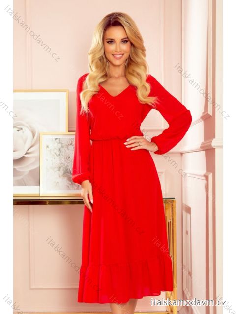 304-3 Šifónové midi šaty s výstrihom a riasením - Červené