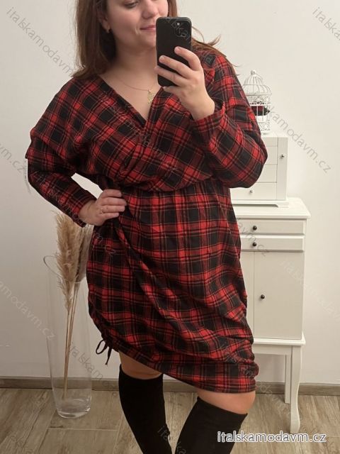 Šaty elegantní dlouhý rukáv dámské nadrozměr (XL/2XL/3XL ONE SIZE) ITALSKÁ MÓDA IMWQ22MARIA/DR 2XL/3XL červené velké kostky