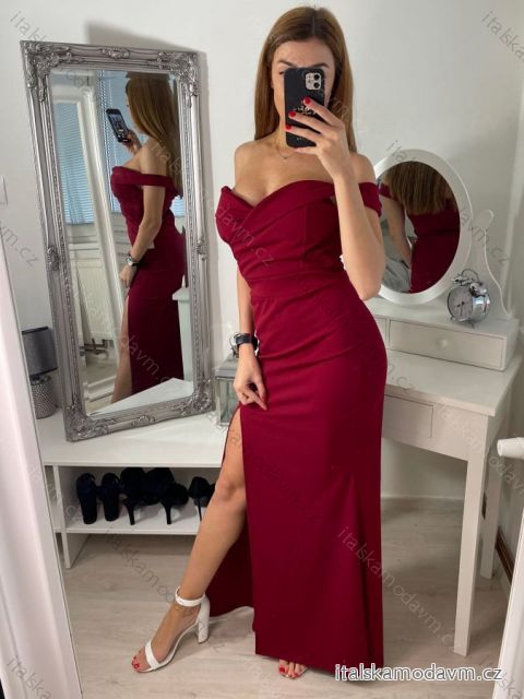 Šaty elegantné spoločenské carmen dlhé dámske (XS/S/M/L ONE SIZE) TALIANSKA MÓDA IM322063 vínová S/M