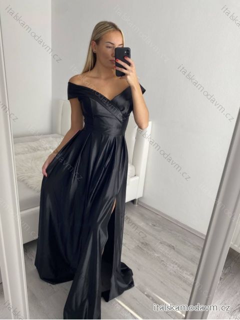 Šaty carmen dlouhé na ramínka elegantní saténové dámské (S/M ONE SIZE) ITALSKÁ MÓDA IMPBB22B22735 čierna S/M