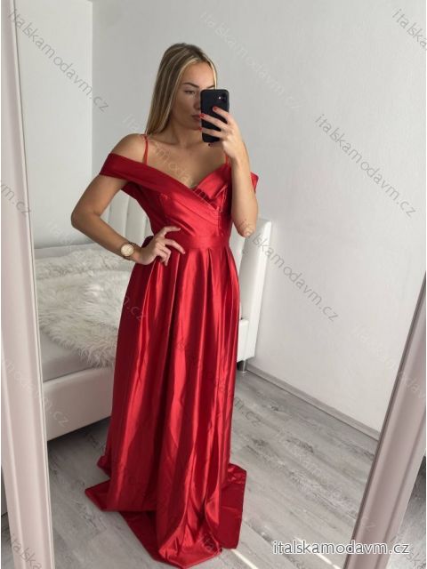 Šaty carmen dlhé na ramienka elegantné saténové dámske (S/M ONE SIZE) TALIANSKA MÓDA IMPBB22B22735 červená S/M