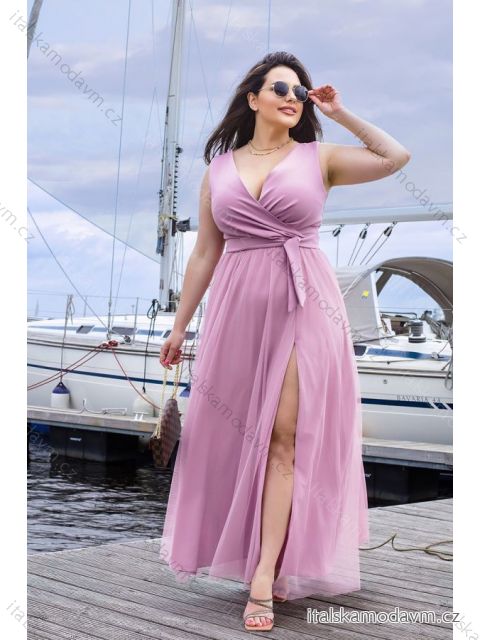 Šaty dlouhé elegantní společenské bez rukávu dámské nadrozměr (42-48) POLSKÁ MÓDA PMLBC23248-20 růžová 48