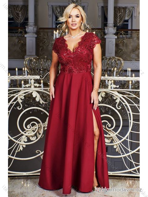 Šaty dlouhé elegantní společenské krátký rukáv dámské nadrozměr (36-56) POLSKÁ MÓDA PMLBF23ID1990-13 vínová 38