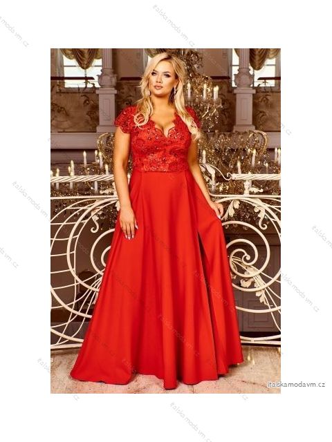 Šaty dlouhé elegantní společenské krátký rukáv dámské nadrozměr (36-56) POLSKÁ MÓDA PMLBF23ID3046 červená 40