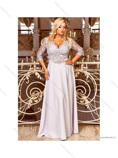 Šaty dlouhé elegantní společenské 3/4 dlouhý rukáv dámské nadrozměr (44-54) POLSKÁ MÓDA PMLBF23ID1261 <p>šedá</p> 46