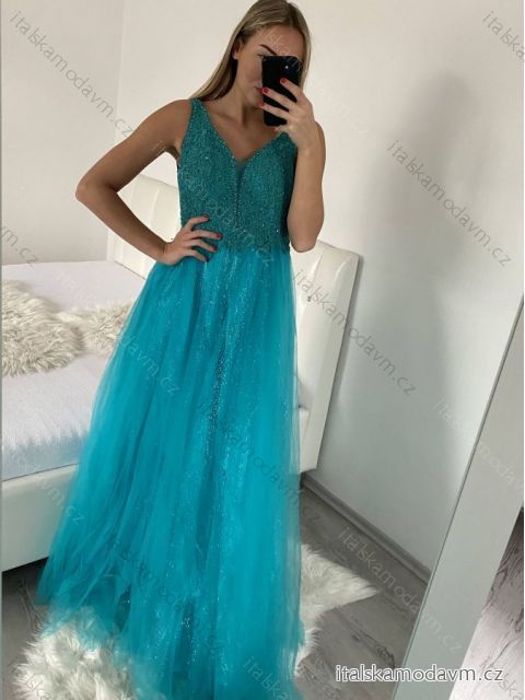 Šaty dlhé spoločenské elegantné letné na ramienka dámske (M/L, L/XL) TALIANSKA MÓDA IMPSH22260019/DU tyrkysová