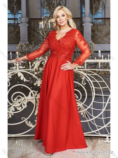 Šaty dlhé elegantné spoločenské 3/4 rukáv dámske nadrozmer (36-54) POLSKÁ MÓDA PMLBF23ID1930 červená 54