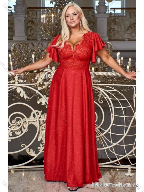 Šaty dlhé elegantné spoločenské krátky rukáv dámske nadrozmer (48-54) POLSKÁ MÓDA PMLBF23ID3136 červená 48