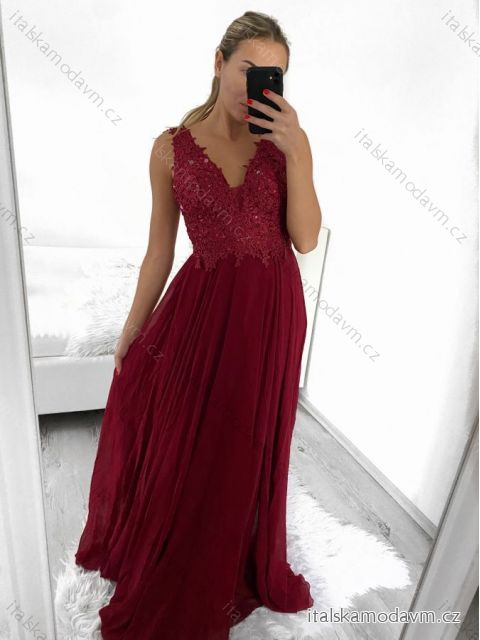 Šaty spoločenské plesové dlhé s čipkou bez rukávu dámske (S/M ONE SIZE) TALIANSKA MÓDA IMM2318805/DU S/M vínová