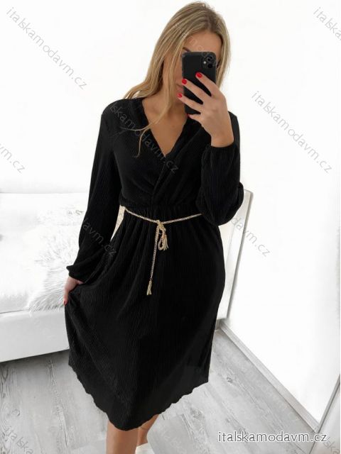 Šaty s páskem dlouhý rukáv dámské (S/M ONE SIZE) ITALSKá MóDA IM423020/DU S/M Černá