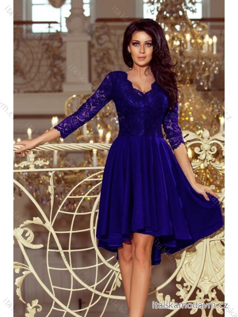 Šaty elegantní krajkové s delším zadním dílem, 3/4 rukávy (S-2XL) ITALSKÁ MÓDA NMC-210-4/DU modrá tmavá L