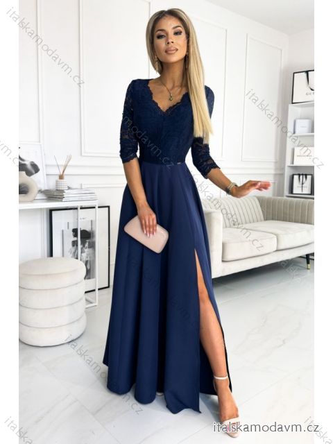 Šaty elegantné krajkové dlhé s 3/4 rukávom AMBER (S-2XL) TALIANSKA MÓDA NMC-309-6/DU Modrá tmavá L